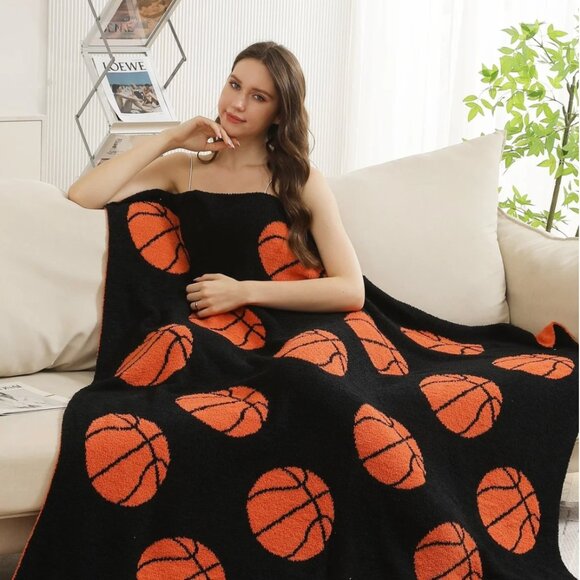 New Orange & Black Super Lux Basketball Throw Blanket Ultra Soft, Cozy Sports - Picture 3 of 5